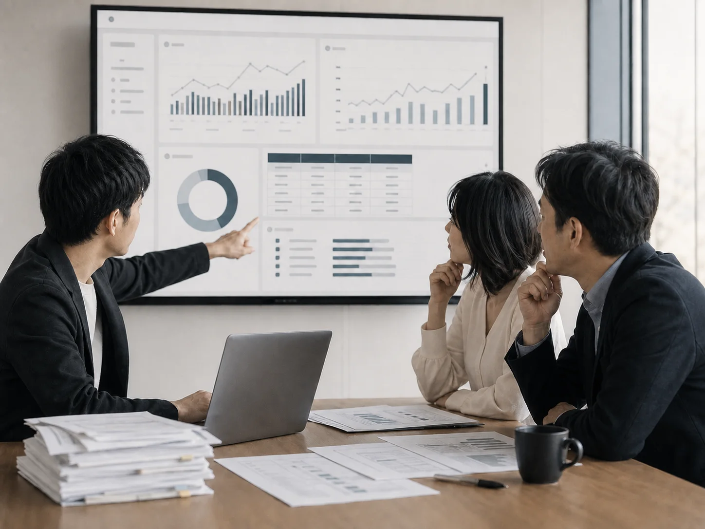 A team reviewing an automated business reporting dashboard
